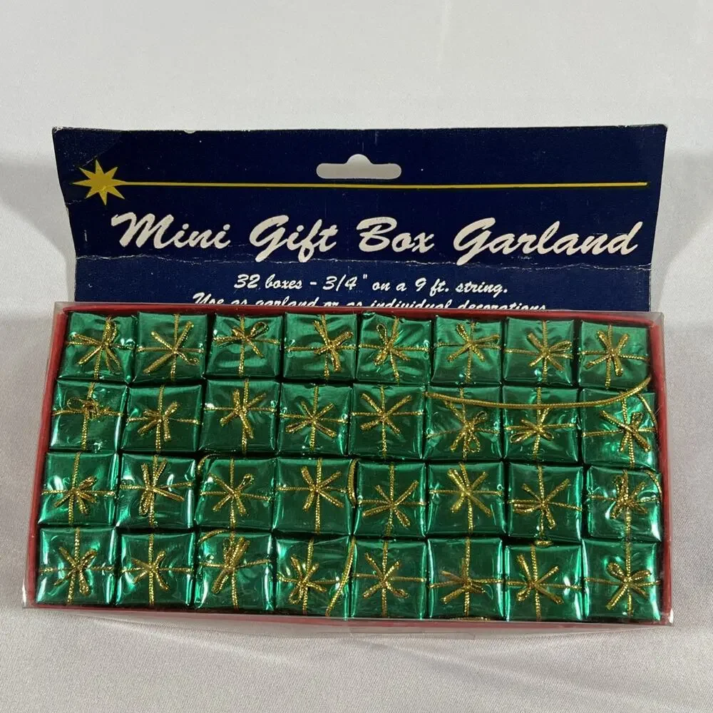 Vintage NEW Mini Gift Box Garland Green & Gold 9 Ft of String or Use For Crafts